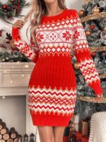 Rochie Scurta Tricotata Stalesa Rosie cu Imprimeu de Craciun