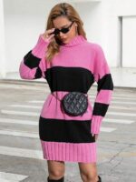 Rochie Scurta Tricotata Gerdie Roz cu Dungi Negre