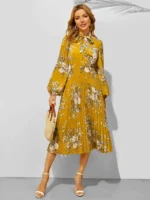 Rochie Midi Curtis Mustar Cu Pliuri Si Maneci Bufante