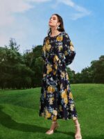Rochie Lunga Arabela Bleumarin cu Model Floral Multicolor - imagine 5