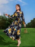 Rochie Lunga Arabela Bleumarin cu Model Floral Multicolor