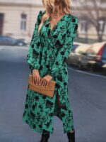 Rochie Midi Ferel Verde Cu Imprimeu Floral Negru - imagine 3