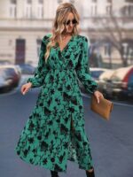 Rochie Midi Ferel Verde Cu Imprimeu Floral Negru - imagine 4