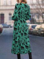 Rochie Midi Ferel Verde Cu Imprimeu Floral Negru - imagine 2