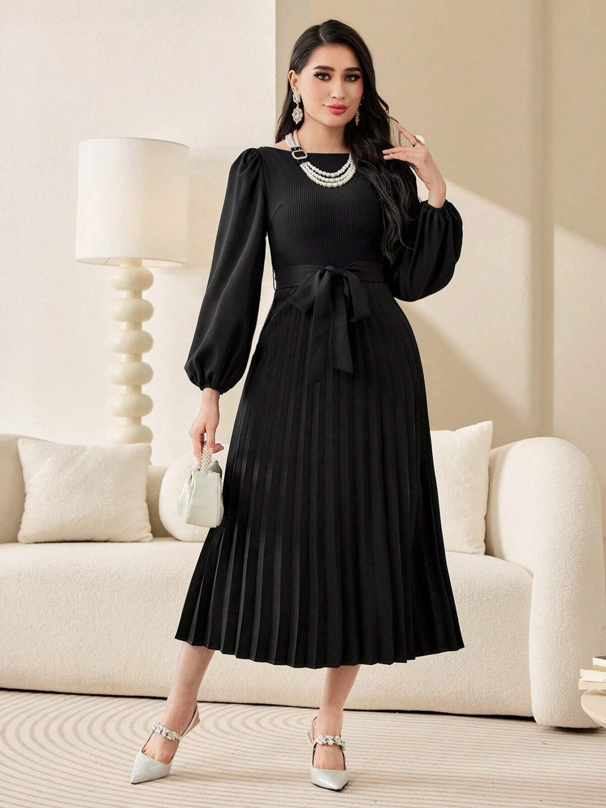 Rochie Midi Viorica Neagra Cu Pliuri Si Maneci Bufante - imagine 1