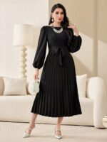 Rochie Midi Viorica Neagra Cu Pliuri Si Maneci Bufante