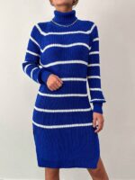 Rochie Midi Tricotata Mayken Albastra Cu Guler Si Dungi Albe - imagine 3