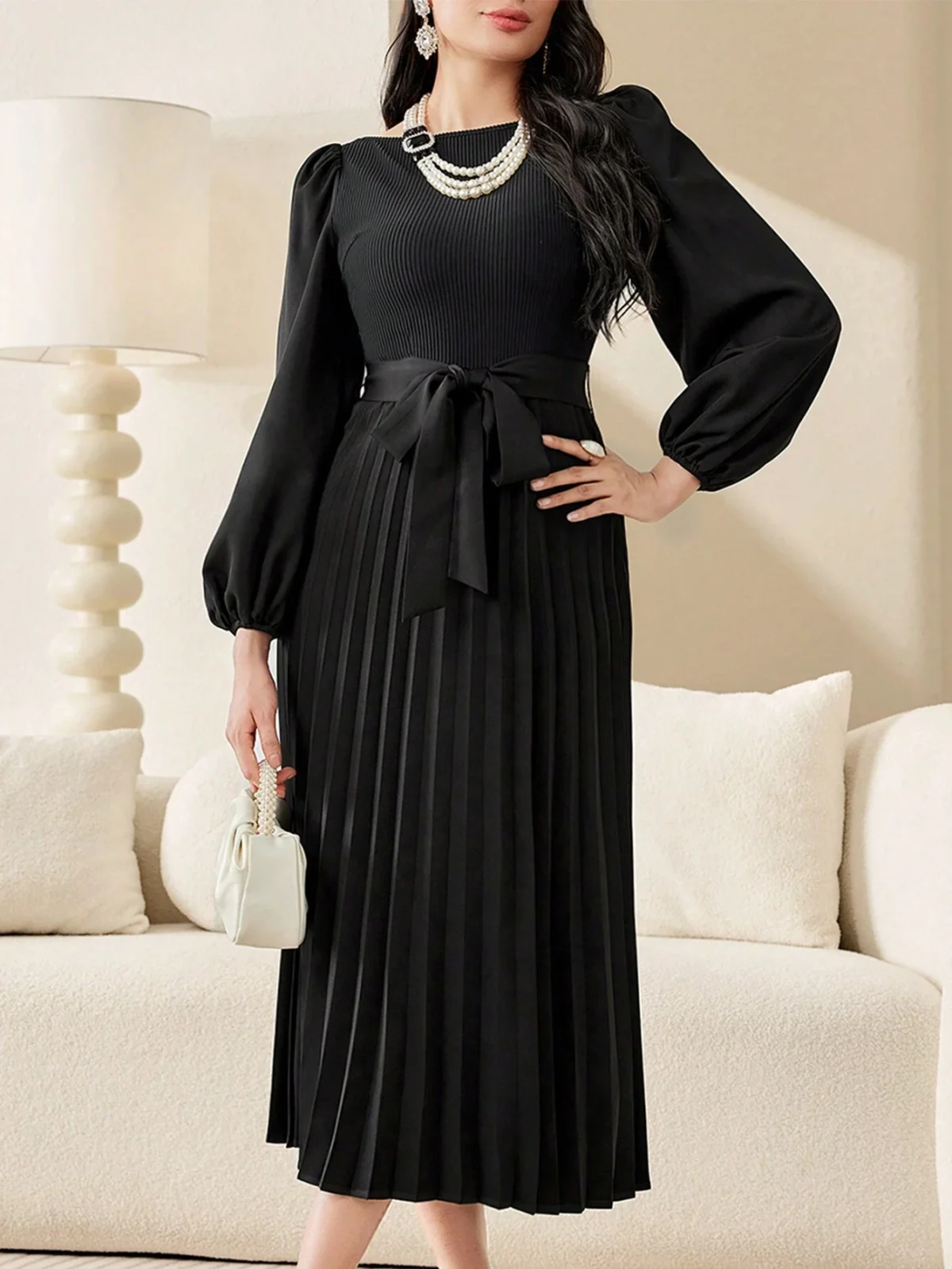 Rochie Midi Viorica Neagra Cu Pliuri Si Maneci Bufante - imagine 3