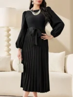 Rochie Midi Viorica Neagra Cu Pliuri Si Maneci Bufante - imagine 3