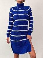 Rochie Midi Tricotata Mayken Albastra Cu Guler Si Dungi Albe