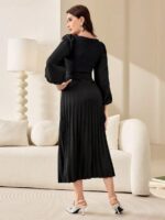 Rochie Midi Viorica Neagra Cu Pliuri Si Maneci Bufante - imagine 2