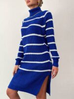Rochie Midi Tricotata Mayken Albastra Cu Guler Si Dungi Albe - imagine 5
