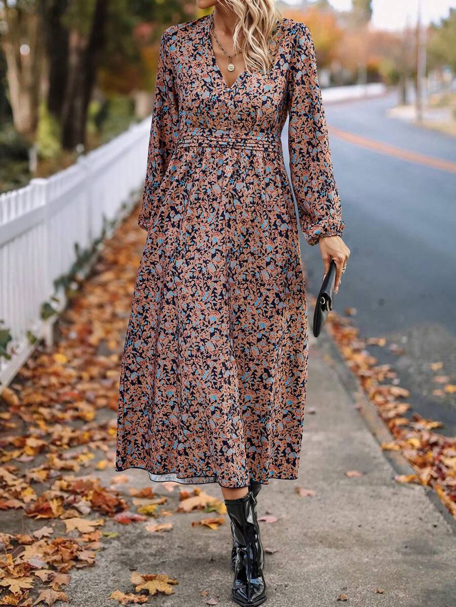 149 Rochie Lunga Evita Albastra Cu Imprimeu Multicolor - imagine 1