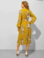 Rochie Midi Curtis Mustar Cu Pliuri Si Maneci Bufante - imagine 2