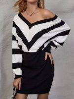 Rochie Scurta Tricotata Rosbrit Neagra cu Dungi Albe - imagine 3