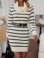 Rochie Scurta Tricotata Demivia Alba cu Dungi