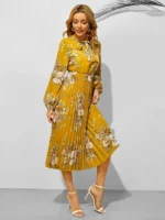 Rochie Midi Curtis Mustar Cu Pliuri Si Maneci Bufante - imagine 3