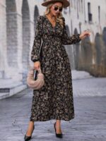 Rochie Lunga Alfsol Neagra Cu Imprimeu Floral Si Maneci Bufante