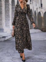 Rochie Lunga Alfsol Neagra Cu Imprimeu Floral Si Maneci Bufante - imagine 3