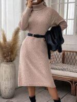 Rochie Lunga Tricotata Edite Bej Cu Model In Relief - imagine 3