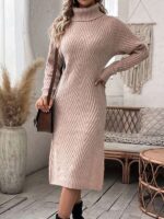 Rochie Lunga Tricotata Edite Bej Cu Model In Relief - imagine 5