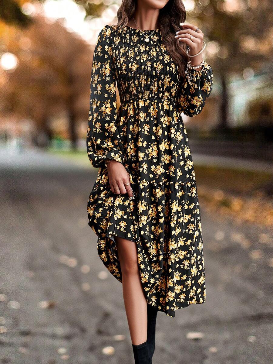 60-13 Rochie Midi Zaira Neagra Cu Model Floral Auriu - imagine 1