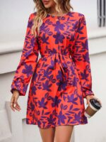 Rochie Scurta Ferrada Corai Cu Model Floral Mov Si Cordon - imagine 3