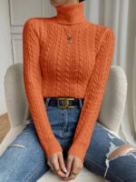 Pulover Tricotat Hanneline Portocaliu Cu Guler Si Model In Relief - imagine 3