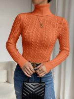 Pulover Tricotat Hanneline Portocaliu Cu Guler Si Model In Relief - imagine 4