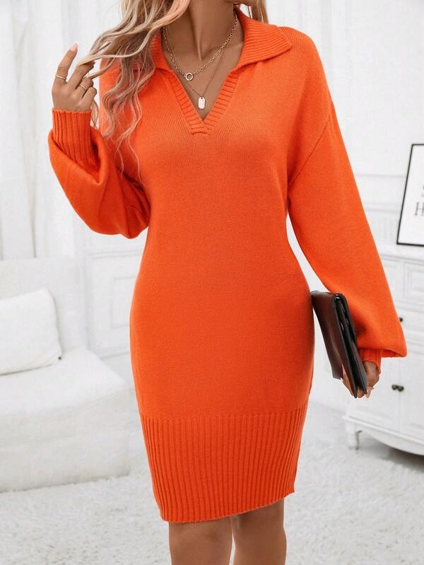 757 Rochie Midi Tricotata Jeanie Portocalie cu Guler - imagine 1