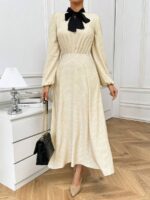 Rochie Lunga Mullen Crem Cu Buline Negre