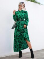 Rochie Lunga Samuel Verde cu Print Floral Negru - imagine 3