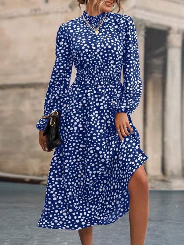 7850 Rochie Midi Dicte Albastra cu Buline Albe - imagine 1