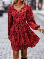 Rochie Scurta Dafne Rosie Cu Imprimeu Negru Si Maneci Bufante - imagine 3