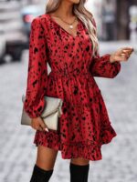 Rochie Scurta Dafne Rosie Cu Imprimeu Negru Si Maneci Bufante