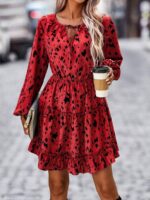 Rochie Scurta Dafne Rosie Cu Imprimeu Negru Si Maneci Bufante - imagine 5