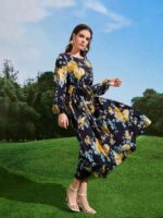 Rochie Lunga Arabela Bleumarin cu Model Floral Multicolor - imagine 4