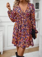 Rochie Scurta Nergis Albastra Cu Imprimeu Multicolor Si Maneci Bufante