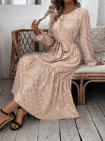 Rochie Lunga Canan Crem Cu Buline Aurii Si Cordon - imagine 3