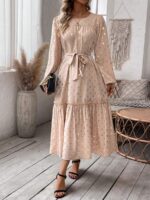 Rochie Lunga Canan Crem Cu Buline Aurii Si Cordon - imagine 4