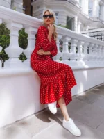 Rochie Lunga Trivoli Rosie Cu Buline Albe - imagine 5