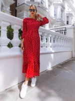 Rochie Lunga Trivoli Rosie Cu Buline Albe