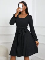 Rochie Scurta Basha Neagra Cu Pliuri Si Cordon - imagine 3