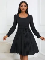 Rochie Scurta Basha Neagra Cu Pliuri Si Cordon