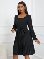 Rochie Scurta Basha Neagra Cu Pliuri Si Cordon - imagine 4