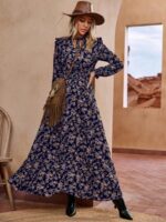 Rochie Lunga Lenke Bleumarin Cu Model Floral Crem
