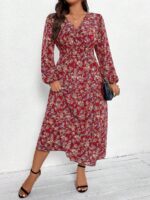 Rochie Lunga Arzu Rosie Cu Imprimeu Floral Multicolor Si Maneci Bufante - Marimi Mari - imagine 3