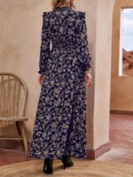 Rochie Lunga Lenke Bleumarin Cu Model Floral Crem - imagine 2