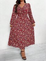 Rochie Lunga Arzu Rosie Cu Imprimeu Floral Multicolor Si Maneci Bufante - Marimi Mari - imagine 4