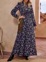 Rochie Lunga Lenke Bleumarin Cu Model Floral Crem - imagine 3
